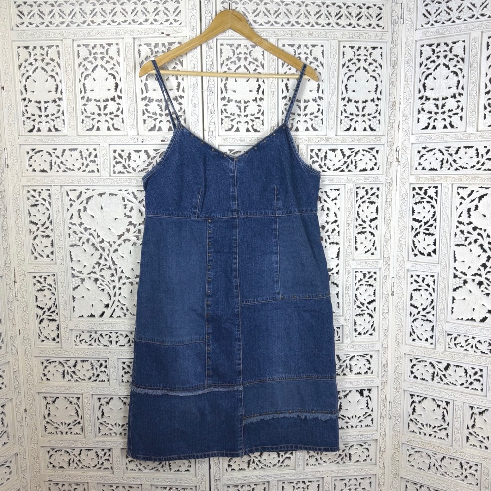 Vintage Denim Dark Wash Patchwork Sleeveless Dress‎ Sz 14/16 V Neck Retro Indie